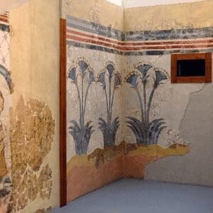 Minoan lily fresco from Akrotiri at the Museum of Prehistoric Thera, Santorini