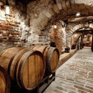Oak wine barrels in a vaulted stone cellar on a Santorini wine tour