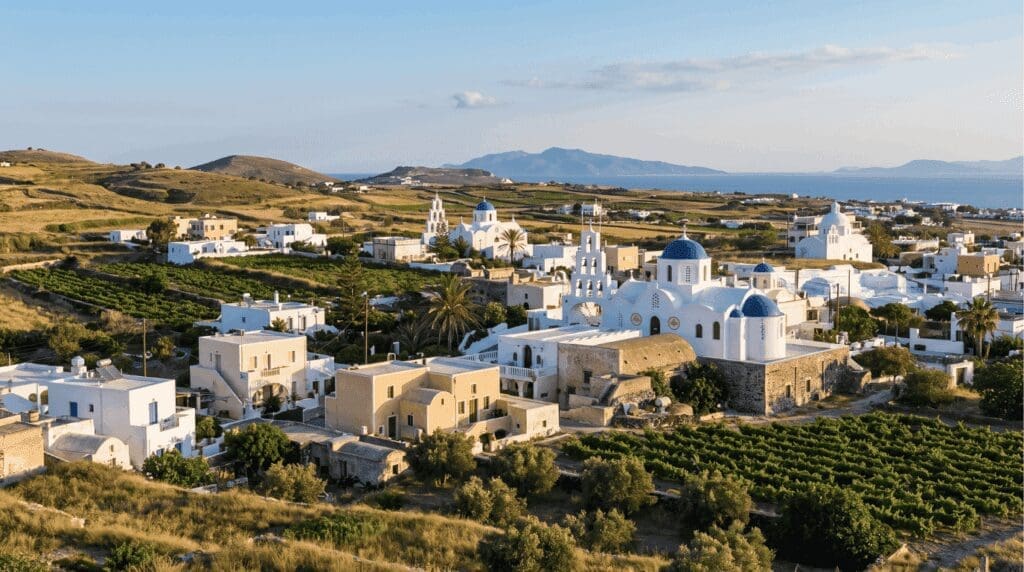 Quiet Karterados village among vineyards in central Santorini, a calm base for exploring the island